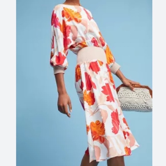 Anthropologie Maeve Orange Red Gemma Floral
Print Midi Dress size MP 100% rayon - Picture 3 of 12